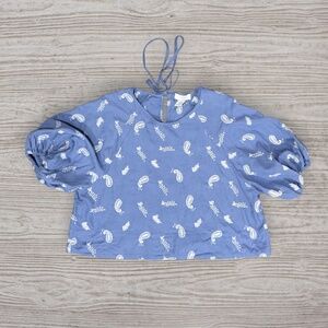 House of Harlow 1960 Linen Blend Puff Sleeve Paisley Blue Embroidered Blouse M